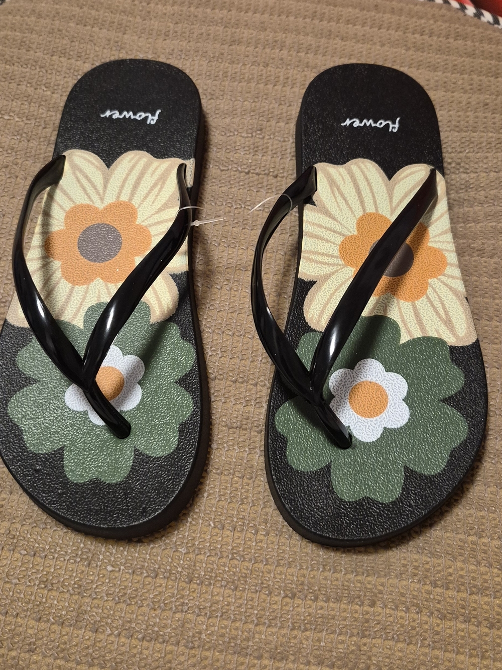 Flower Print Flip Flops with Black Straps